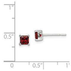 QE12360 Sterling Silver Polished 4mm Square Red Glass Stud Earrings