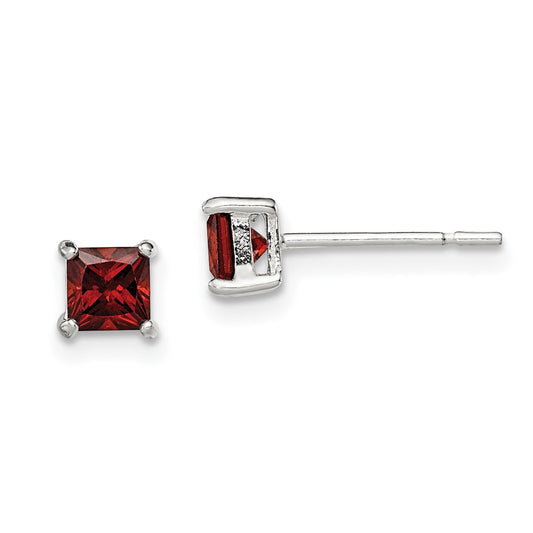 QE12360 Sterling Silver Polished 4mm Square Red Glass Stud Earrings