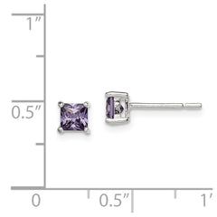 QE12362 Sterling Silver Polished Square 4mm Purple CZ Stud Earrings