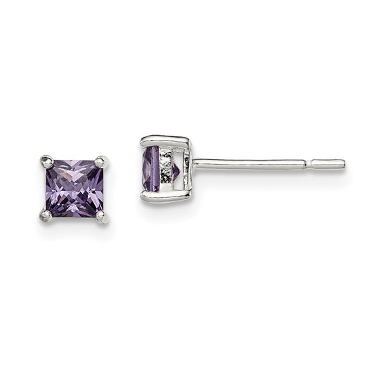 QE12362 Sterling Silver Polished Square 4mm Purple CZ Stud Earrings