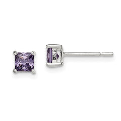 QE12362 Sterling Silver Polished Square 4mm Purple CZ Stud Earrings