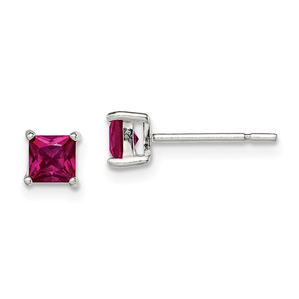 QE12364 Sterling Silver Polished 4mm Square Red Glass Stud Earrings