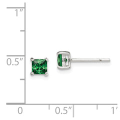 QE12366 Sterling Silver Polished 4mm Square Green Glass Stud Earrings