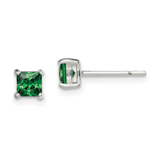 QE12366 Sterling Silver Polished 4mm Square Green Glass Stud Earrings