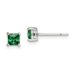 QE12366 Sterling Silver Polished 4mm Square Green Glass Stud Earrings