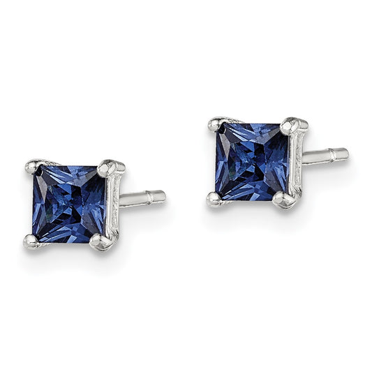 QE12368 Sterling Silver Polished 4mm Square Dark Blue CZ Stud Earrings