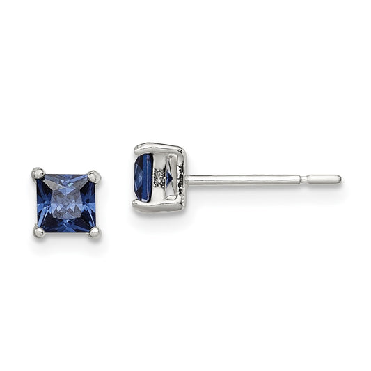 QE12368 Sterling Silver Polished 4mm Square Dark Blue CZ Stud Earrings