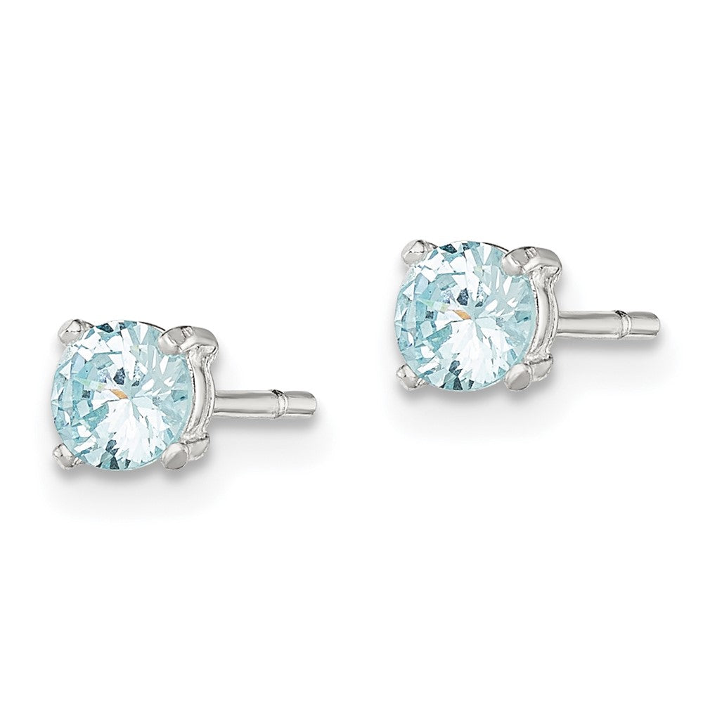 QE12371 Sterling Silver Polished 4mm Round Light Blue CZ Stud Earrings