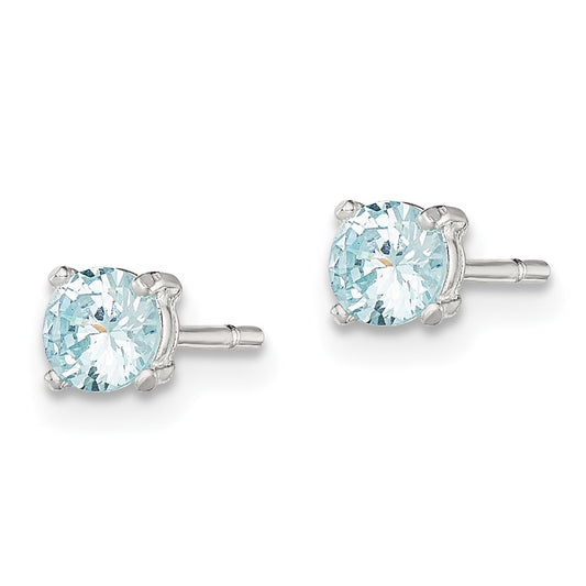 QE12371 Sterling Silver Polished 4mm Round Light Blue CZ Stud Earrings