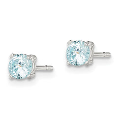 QE12371 Sterling Silver Polished 4mm Round Light Blue CZ Stud Earrings