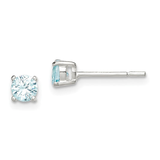 QE12371 Sterling Silver Polished 4mm Round Light Blue CZ Stud Earrings