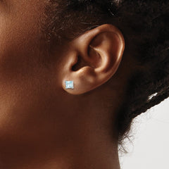 QE12372 Sterling Silver Polished 4mm Square Light Blue CZ Stud Earrings