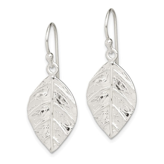 QE12457 Sterling Silver Leaf Textured Dangle Earrings