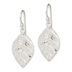 QE12457 Sterling Silver Leaf Textured Dangle Earrings