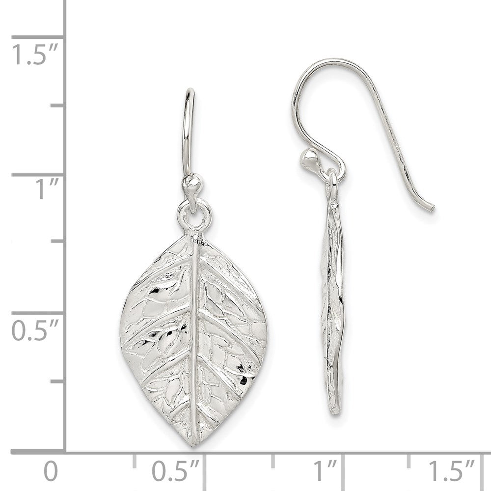 QE12457 Sterling Silver Leaf Textured Dangle Earrings