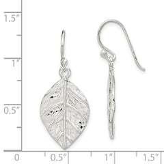 QE12457 Sterling Silver Leaf Textured Dangle Earrings
