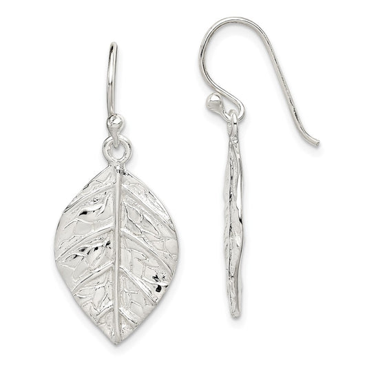 QE12457 Sterling Silver Leaf Textured Dangle Earrings