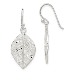 QE12457 Sterling Silver Leaf Textured Dangle Earrings