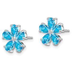 QE1248 Sterling Silver Rhodium Plated Blue Topaz Flower Earrings