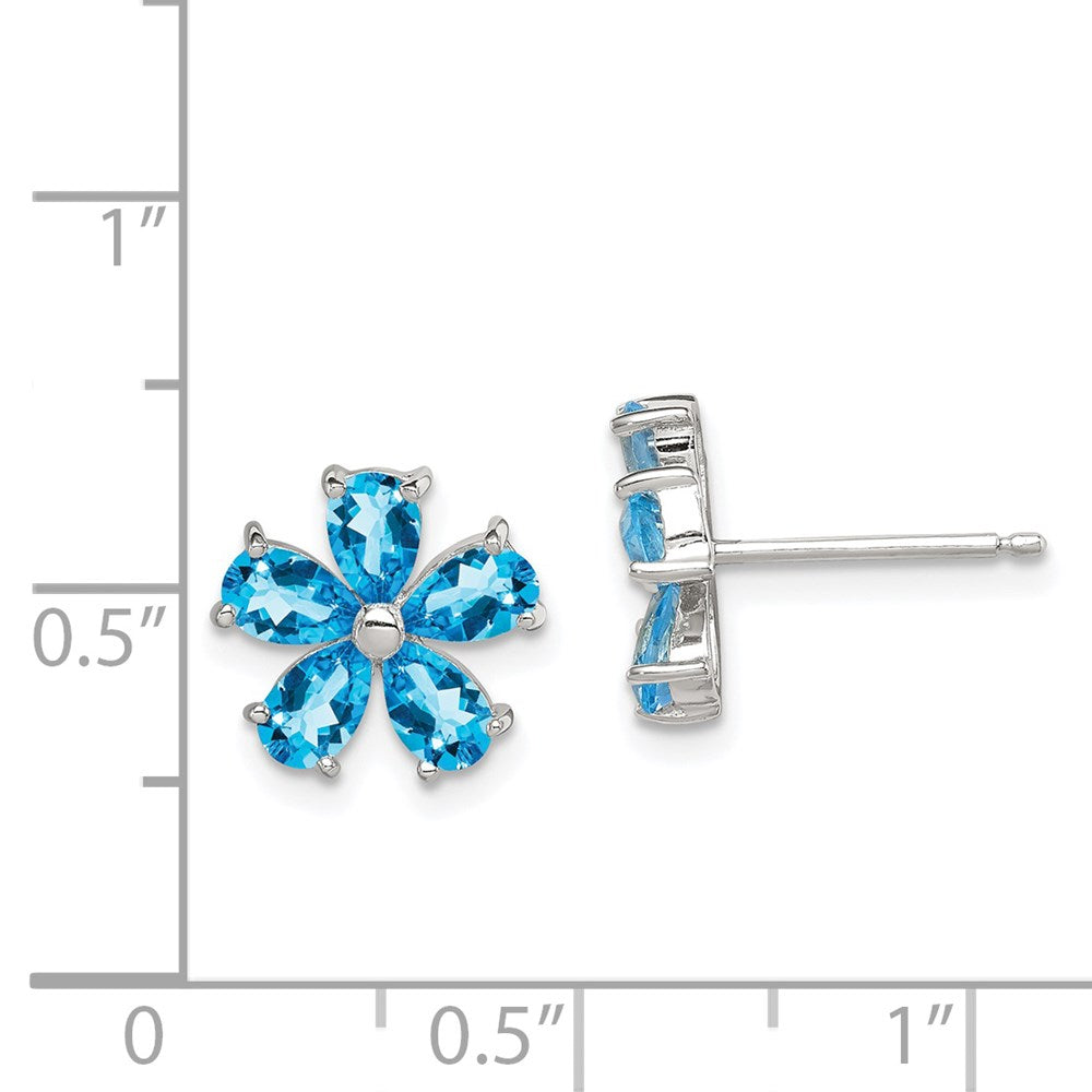 QE1248 Sterling Silver Rhodium Plated Blue Topaz Flower Earrings