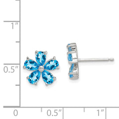QE1248 Sterling Silver Rhodium Plated Blue Topaz Flower Earrings