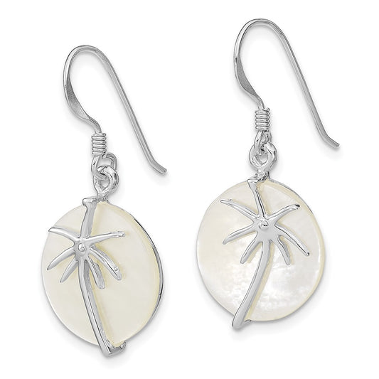 QE12487 Sterling Silver Rhodium-plated Polished Round Mother of Pearl Palm Tree Earrings