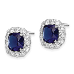 QE12493 Sterling Silver Rhodium-plated Blue Glass and CZ Post Earrings