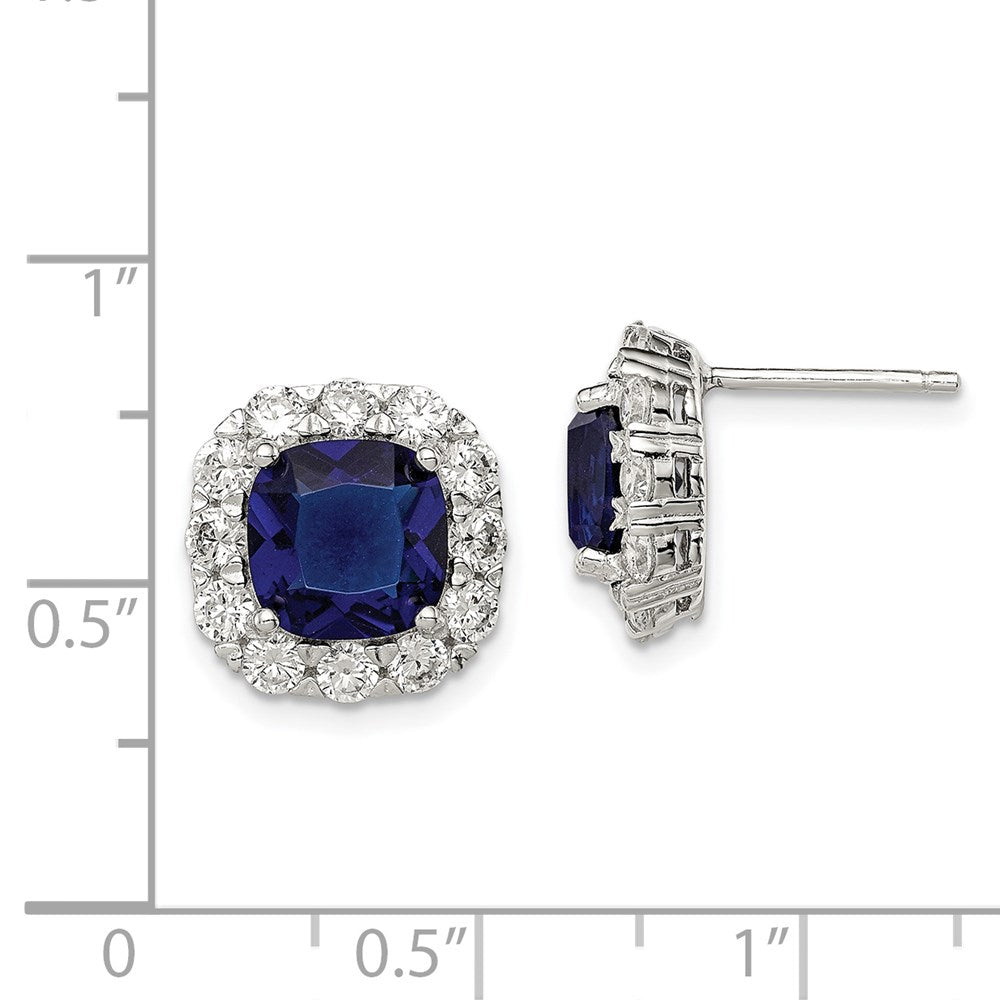 QE12493 Sterling Silver Rhodium-plated Blue Glass and CZ Post Earrings