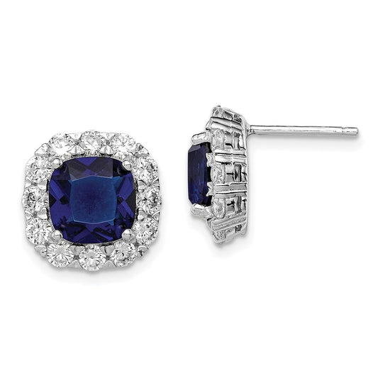 QE12493 Sterling Silver Rhodium-plated Blue Glass and CZ Post Earrings