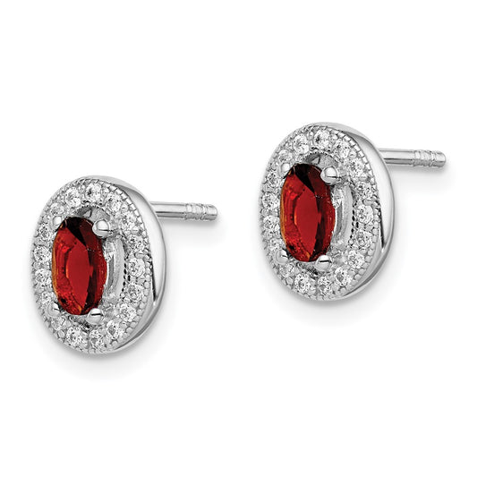 QE12553 Sterling Silver Rhod Polished January Red and White CZ Oval Earrings