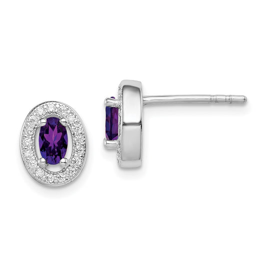 QE12554 Sterling Silver Rhod-plated w/ Purple and White CZ Oval Stud Earrings