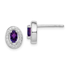 QE12554 Sterling Silver Rhod-plated w/ Purple and White CZ Oval Stud Earrings
