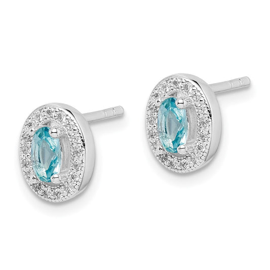 QE12555 Sterling Silver Rhod-plated w/ Light Blue and White CZ Oval Earrings