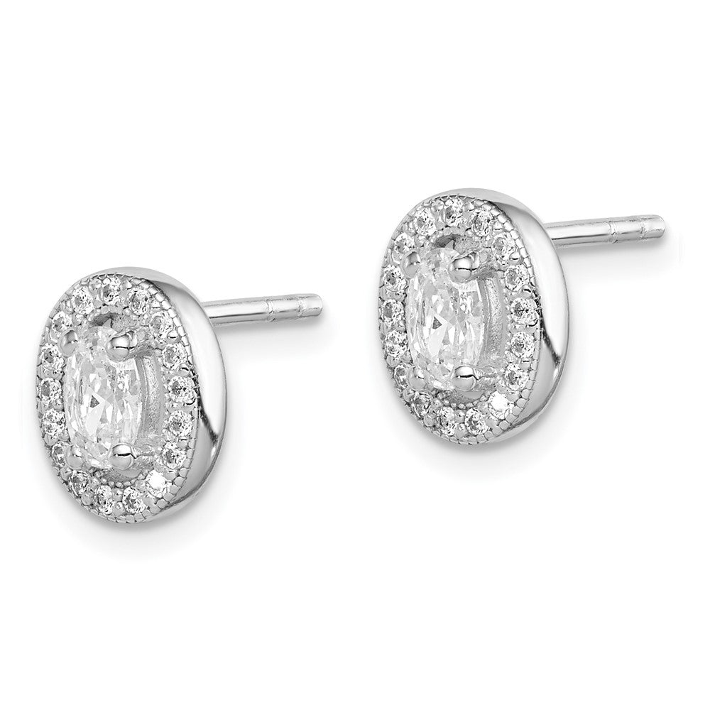 QE12556 Sterling Silver Rhodium-plated w/ CZ Oval Stud Earrings