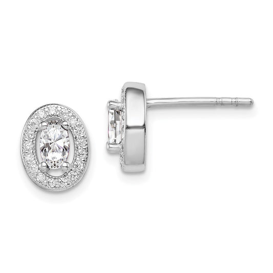 QE12556 Sterling Silver Rhodium-plated w/ CZ Oval Stud Earrings