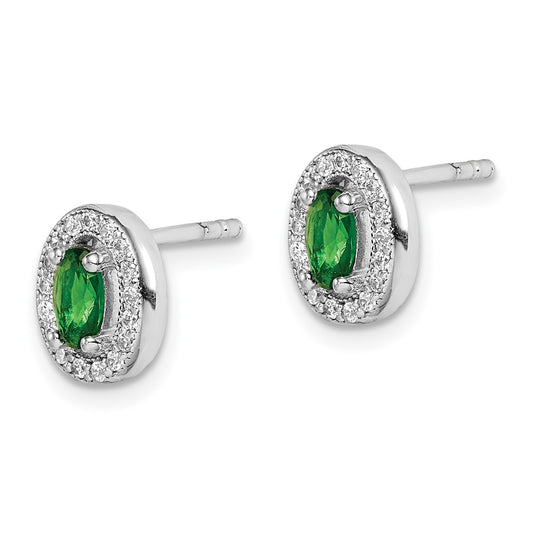 QE12557 Sterling Silver Rhod-plated w/ Green and White CZ Oval Stud Earrings