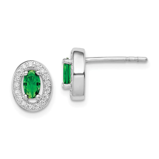 QE12557 Sterling Silver Rhod-plated w/ Green and White CZ Oval Stud Earrings