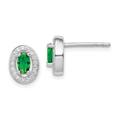 QE12557 Sterling Silver Rhod-plated w/ Green and White CZ Oval Stud Earrings