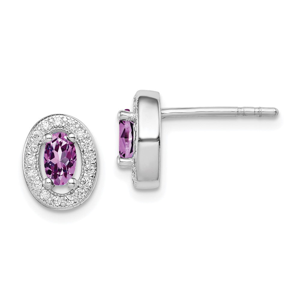 QE12558 Sterling Silver Rhod-pltd June Purple and White CZ Oval Post Earrings