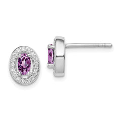 QE12558 Sterling Silver Rhod-pltd June Purple and White CZ Oval Post Earrings