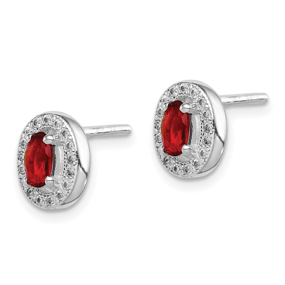 QE12559 Sterling Silver Rhod-plated Red and White CZ Oval Stud Earrings