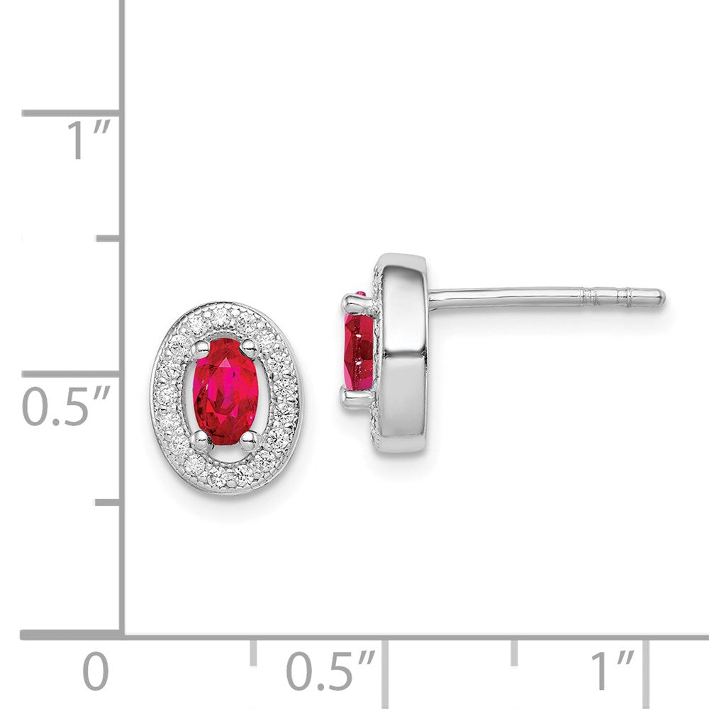 QE12559 Sterling Silver Rhod-plated Red and White CZ Oval Stud Earrings