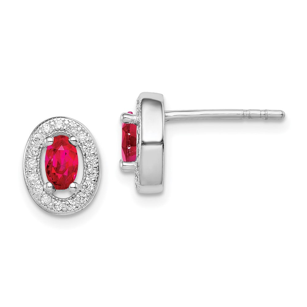 QE12559 Sterling Silver Rhod-plated Red and White CZ Oval Stud Earrings