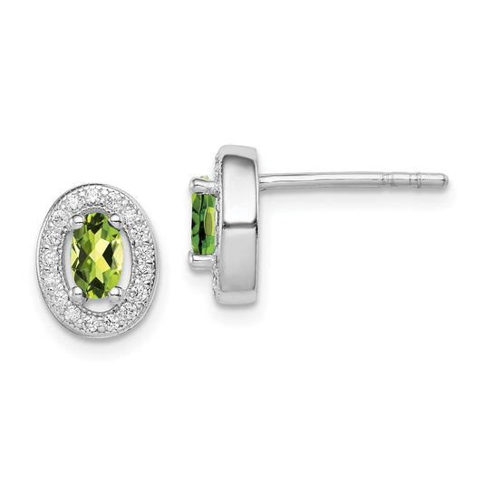 QE12560 Sterling Silver Rhod-plated Light Green and White CZ Oval Stud Earrings