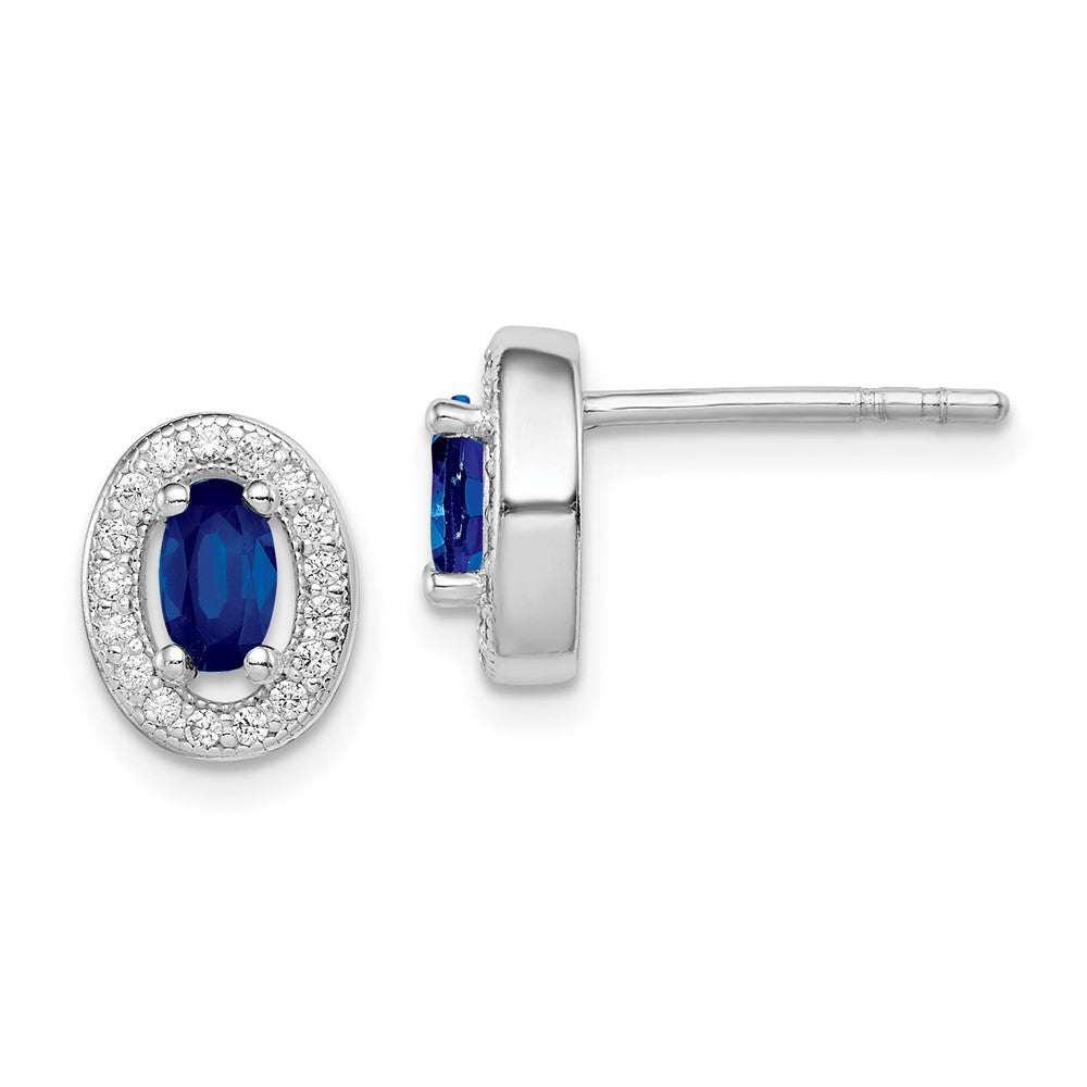 QE12561 Sterling Silver Rhod-plated Blue and White CZ Oval Stud Earrings