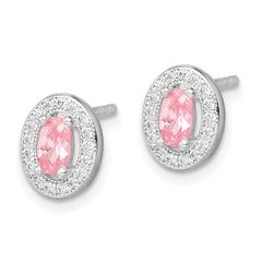 QE12562 Sterling Silver Rhod-plated Pink and White CZ Oval Stud Earrings