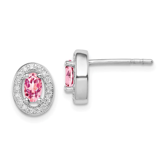 QE12562 Sterling Silver Rhod-plated Pink and White CZ Oval Stud Earrings