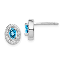 QE12564 Sterling Silver Rhod-plated Blue and White CZ Oval Stud Earrings