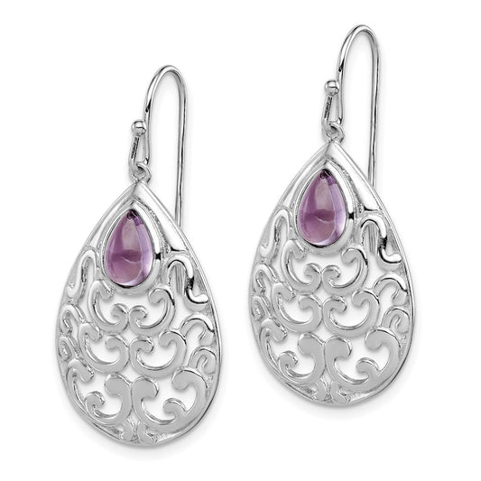 QE12569 Sterling Silver Rhodium-plated Amethyst Teardrop Shepherd Hook Earrings