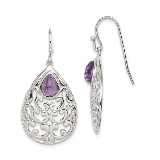 QE12569 Sterling Silver Rhodium-plated Amethyst Teardrop Shepherd Hook Earrings